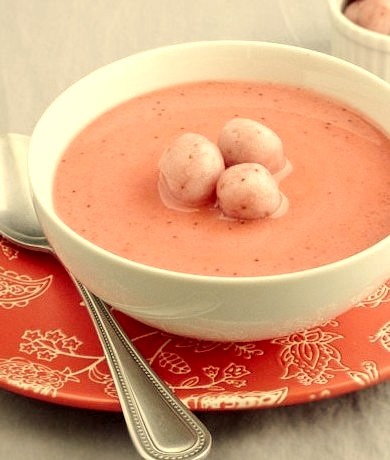 Chilled Strawberry Soup With Strawberry Chocolate Sticky Rice Balls