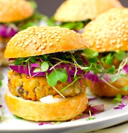 sweet potato sliders with sprouts and avocado