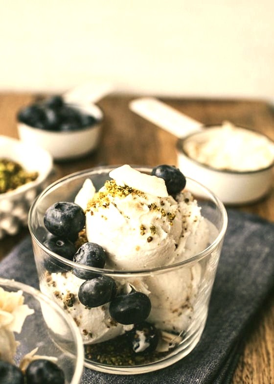 coconut milk ice cream with a pistachio crumb and blueberries.